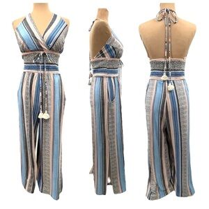 VENUS Multi Colored Striped Halter Wide Leg Crop Jumpsuit Blue Black Pink XL
